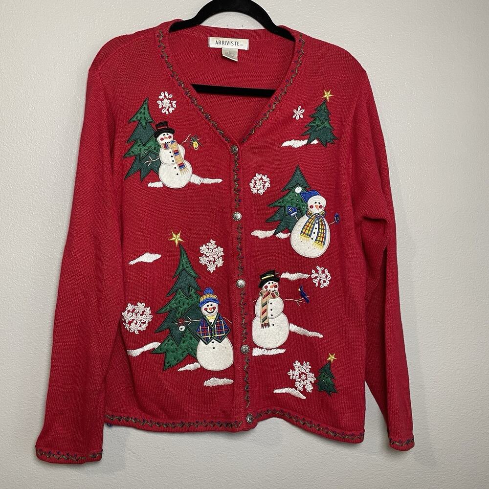 VTG Arriviste Christmas Cardigan Sweater Women L Red Embellish Snowman Embroider